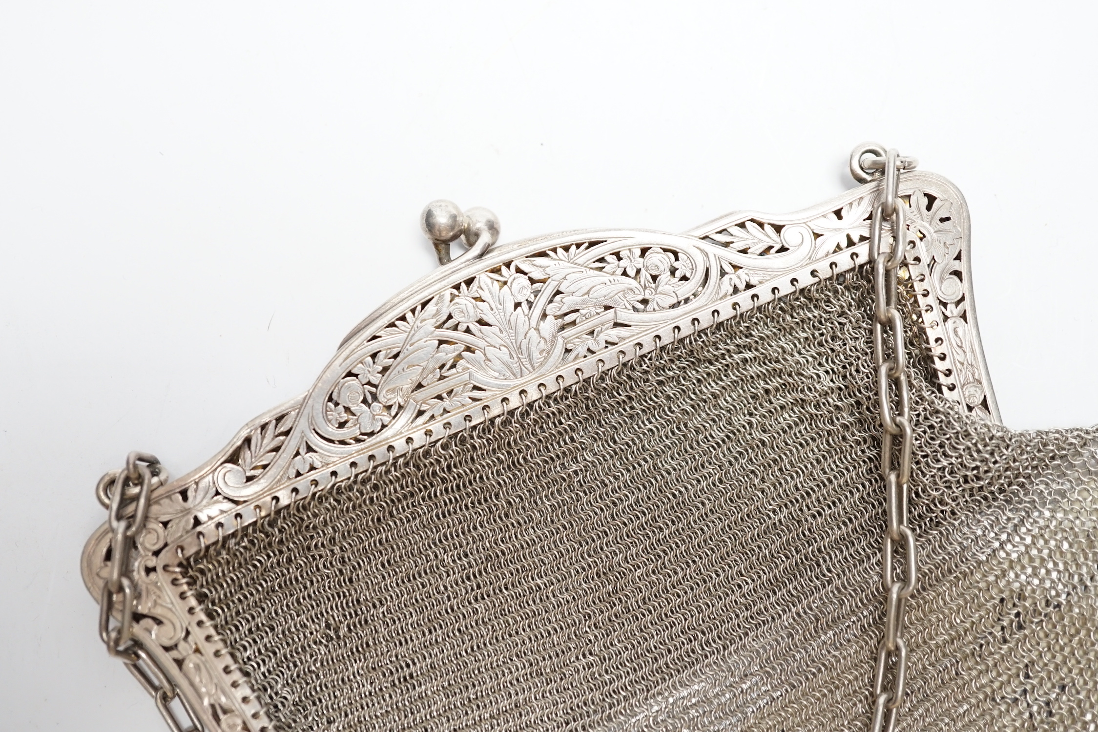 An early 20th century French silver mesh evening bag, import marks for Robert Cawley, Chester, 1911.